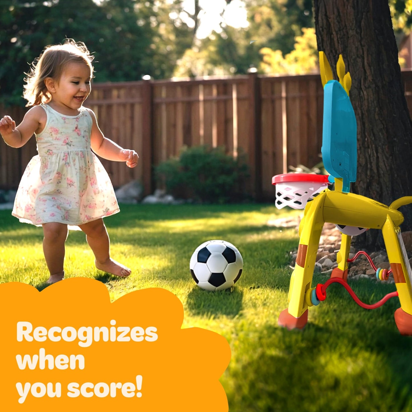 Move2Play, Giraffe Basketball Hoop & Soccer Goal Activity Center | 30+ Sounds & Lights | 1, 2, 3+ Year Old Gift & Birthday Present | 6, 12, 18, 24+ Month Toy For Baby, Toddler, Boys, & Girls