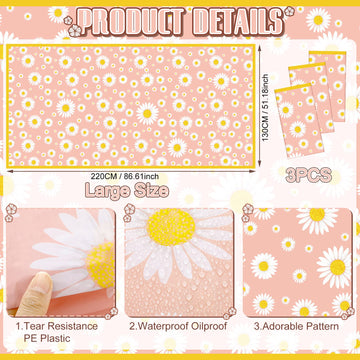 Frienda 3 Pack Plastic Tablecloths - Table Covers for Parties, 86.61 x 51.18 Inch, Waterproof Square and Rectangle Shapes (Daisy