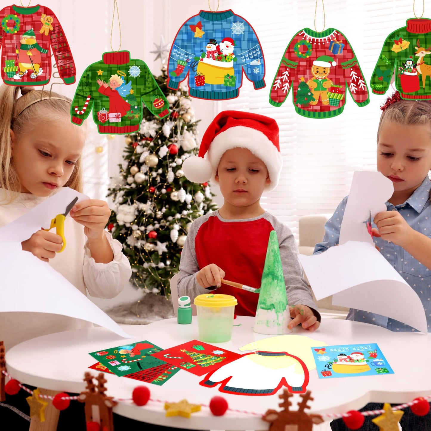 DoubleFill 48 Sets Christmas Ugly Sweaters Suncatchers Craft Kit Christmas Tree Ornaments Stained Glass Xmas Window Arts and Cra