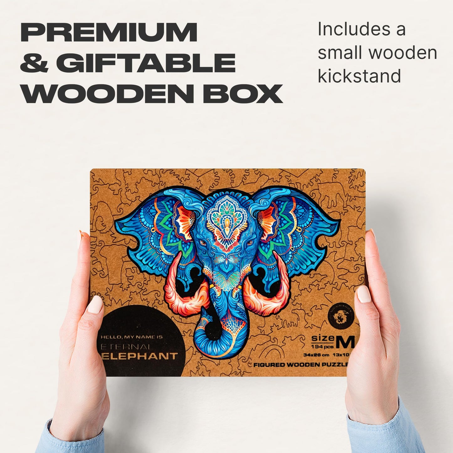 Unidragon Wooden Jigsaw Puzzles - Eternal Elephant, 194 Pcs, Medium 13'X10', Beautiful Gift Package, Unique Shape Best Gift For Adults And Kids