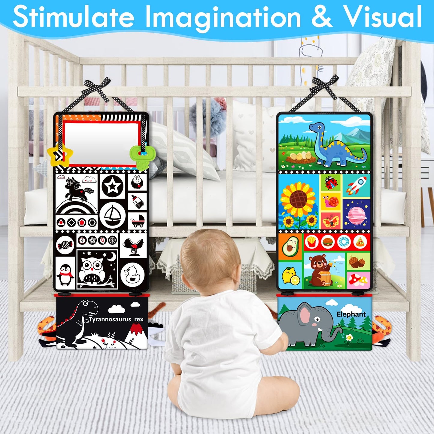 Aboosam Tummy Time Baby Mirror Toys 0-6 6-12 Months - Montessori Infant Toys Brain Development With Crinkle Cloth Book And Teether - High Contrast Newborn Sensory Toys For Babies Boys Girls Gifts