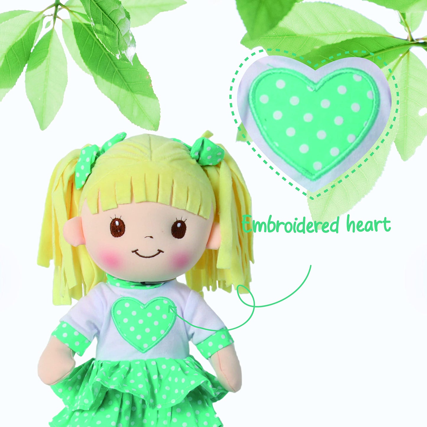 Linzy Toys, 16' Little Sweet Hearts Interactive Soft Plush Rag Doll, Embroidered Face & Removable Clothes, Educational Doll, Muñecas De Trapo Para Niña,Turquoise,90961-Turquoise