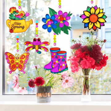 Ayhuhra 30 Sets Spring Flower Suncatcher Craft Kit Butterfly Sun Catcher DIY Window Paint Art Suncatcher Kits for Spring Summer
