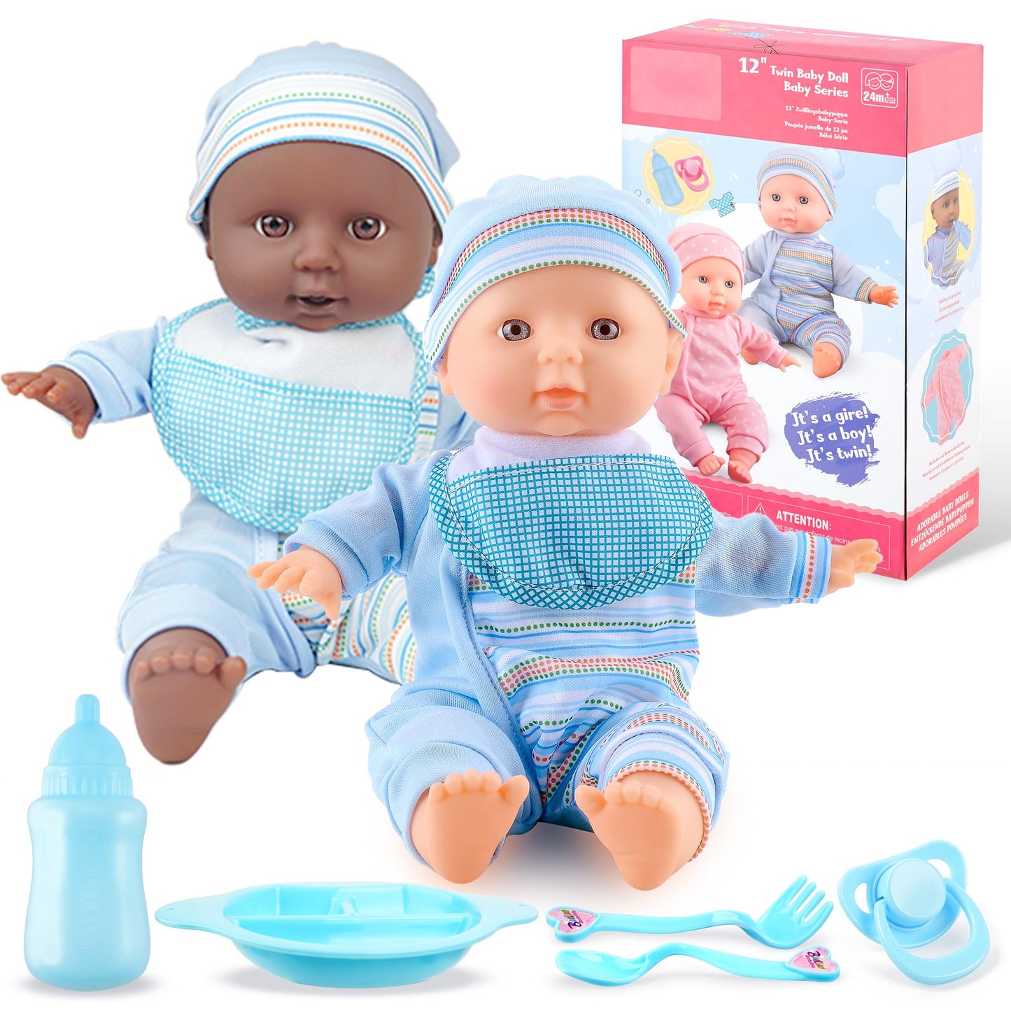 Toy Choi'S Twin Baby Dolls - 12 Inch Two Soft Body Black And White Doll With Accessoires, Dolls Play Set For 2 3 4 5 Year Old Boys And Girls Gift | Blue Outfit Doll Set