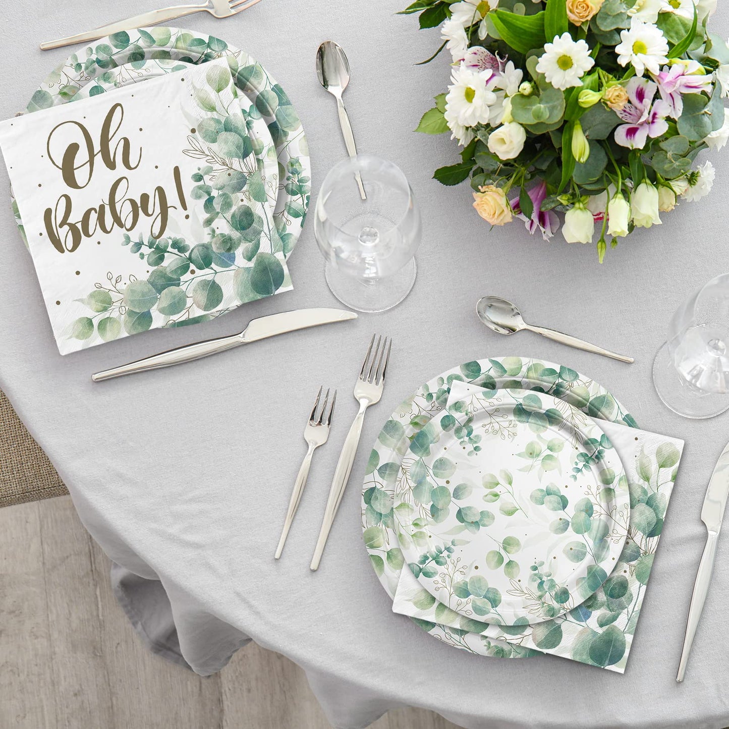 Sage Greenery Baby Shower Party Supplies Disposable Paper Plates Napkins Cups And Tablecloth For Boho Greency Party Decorations,