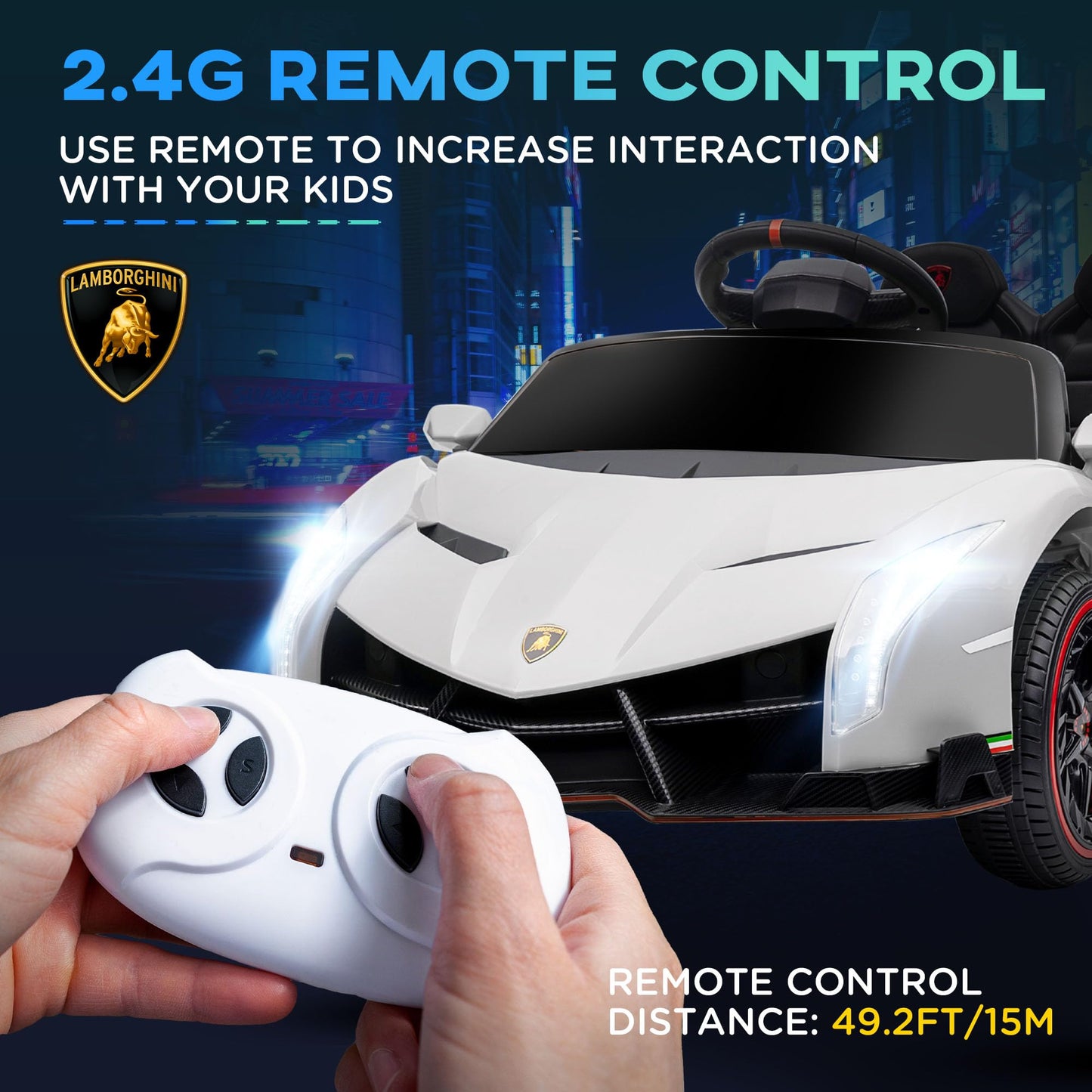 Aosom Lamborghini Veneno Licensed Kids Electric Car With Bluetooth, 12V Ride On Car With Butterfly Doors, Remote Control, Portable Battery, Suspension System, Horn, Songs, Lights, White