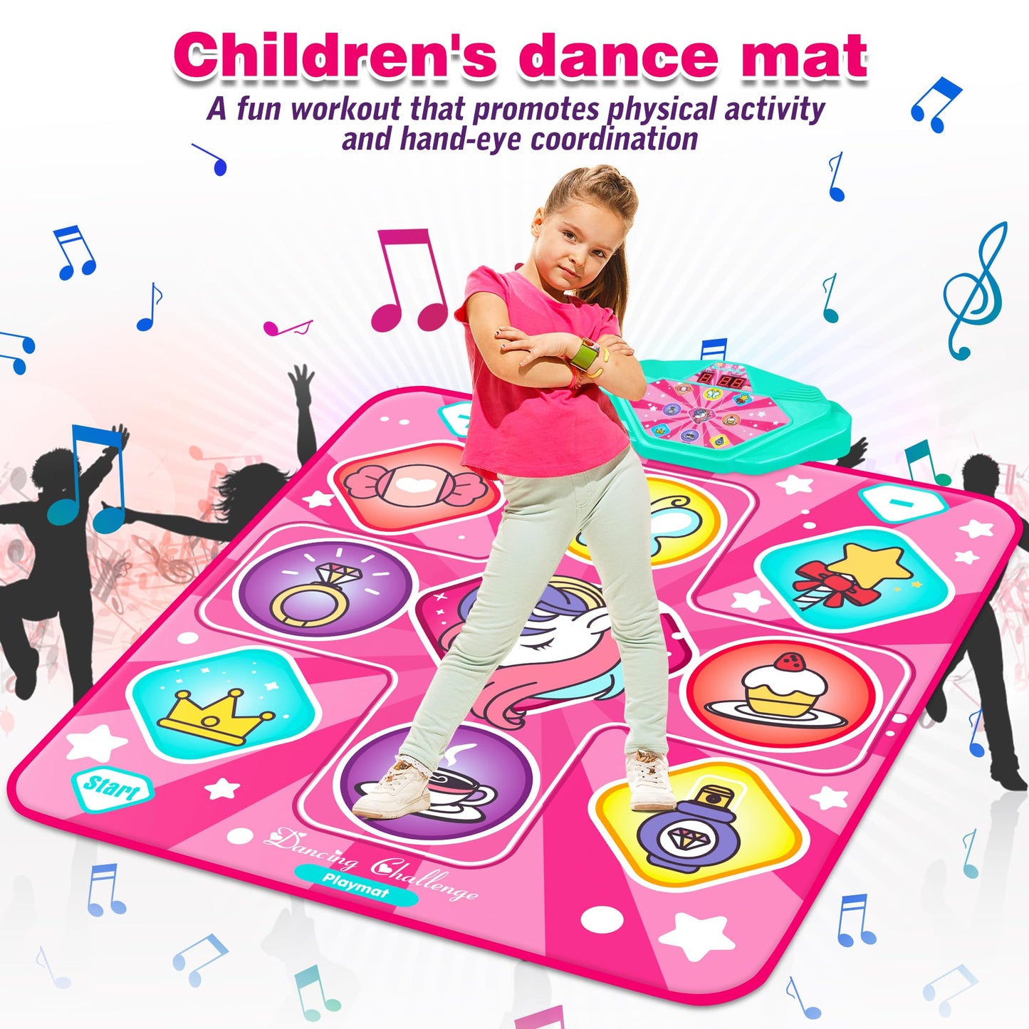 Kusntin Unicorn Dance Mat, Dance Mixer Rhythm Step Play Mat, Pink Dance Pad With Led Lights, Adjustable Volume, Built-In Music,