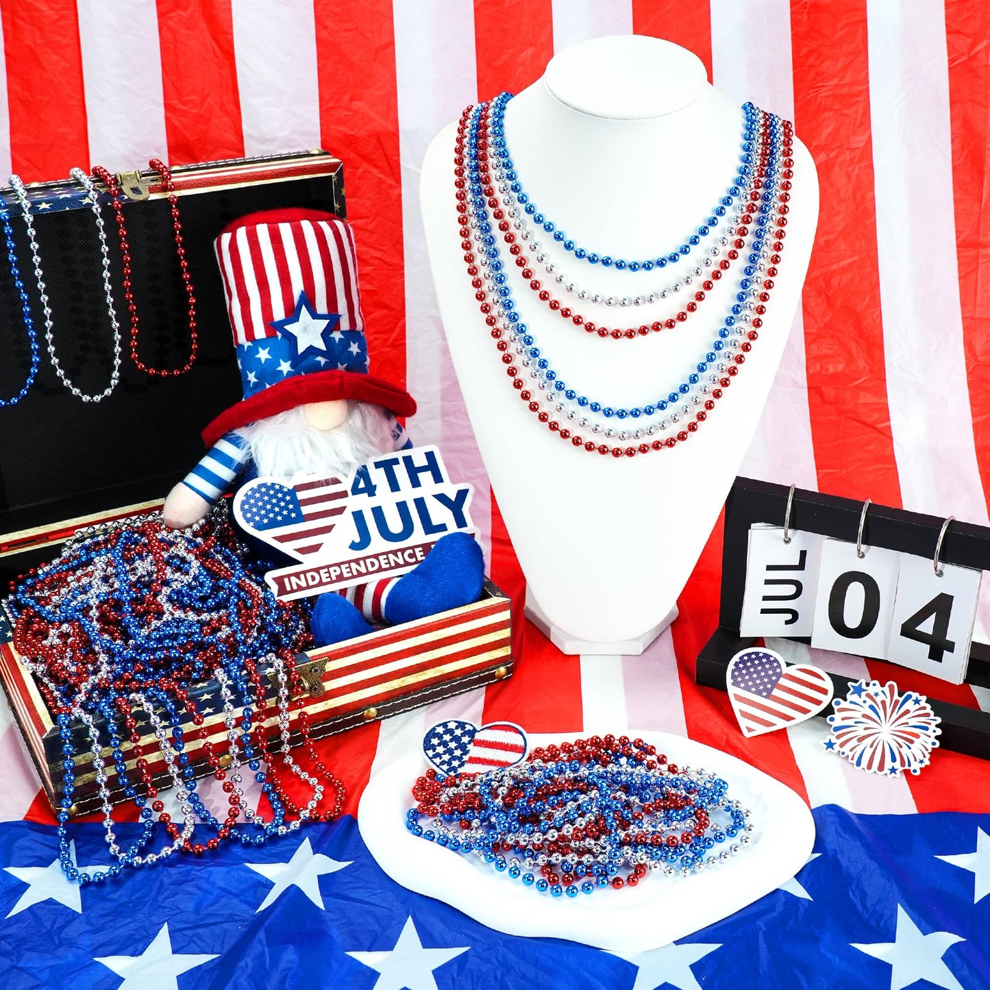 SHAOQINLIN 102 PCS Patriotic Bead Necklaces, 4th of July Beads Necklaces Bulk 4th of July Accessories 33 Inch Metallic Red/Silve