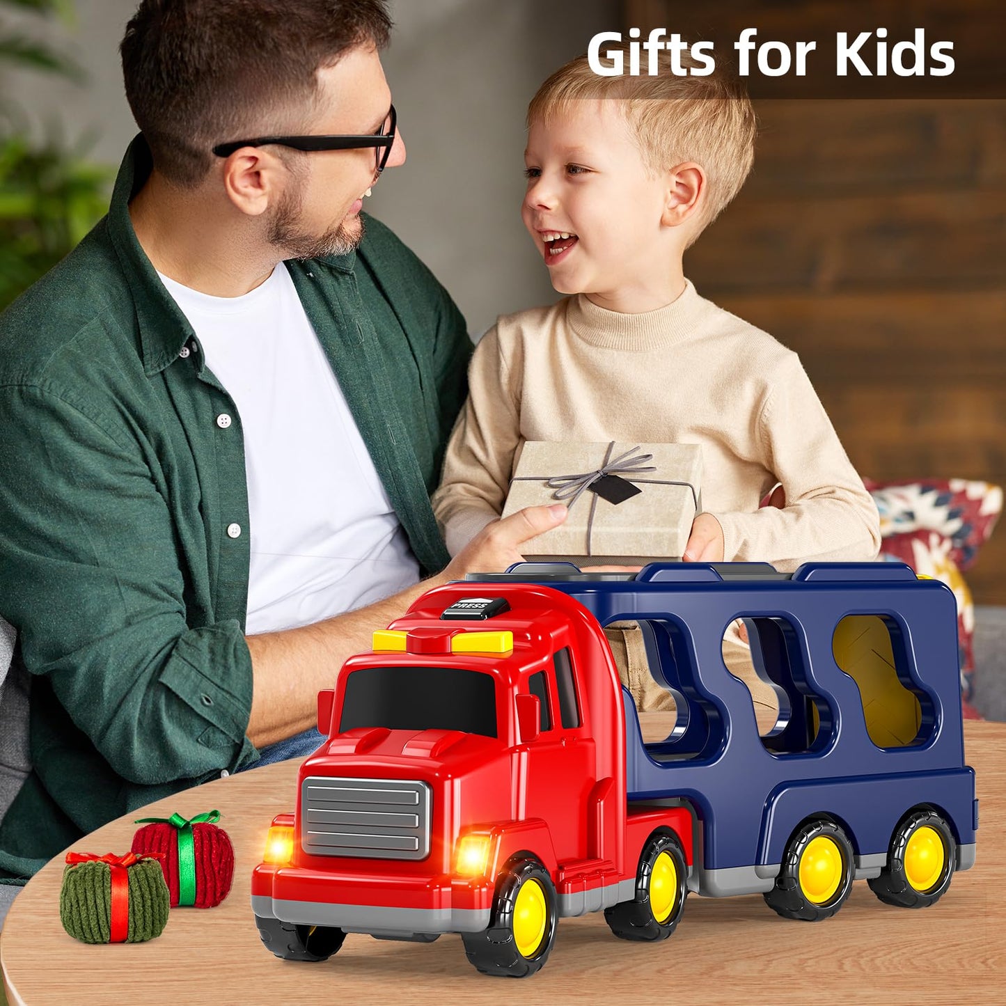 JUKUDAHU Christmas-Truck Toys Sets for 3 4 5 6 Years Old Boys - Friction Powered Toy Cars with Christmas Accessories Kids, Carri