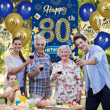 Rumia 80th Birthday Party Decorations - Navy Blue Gold Banner, 18 Balloons, Polyester Backdrop, Women Anniversary Sign, Porch Decor Supplies