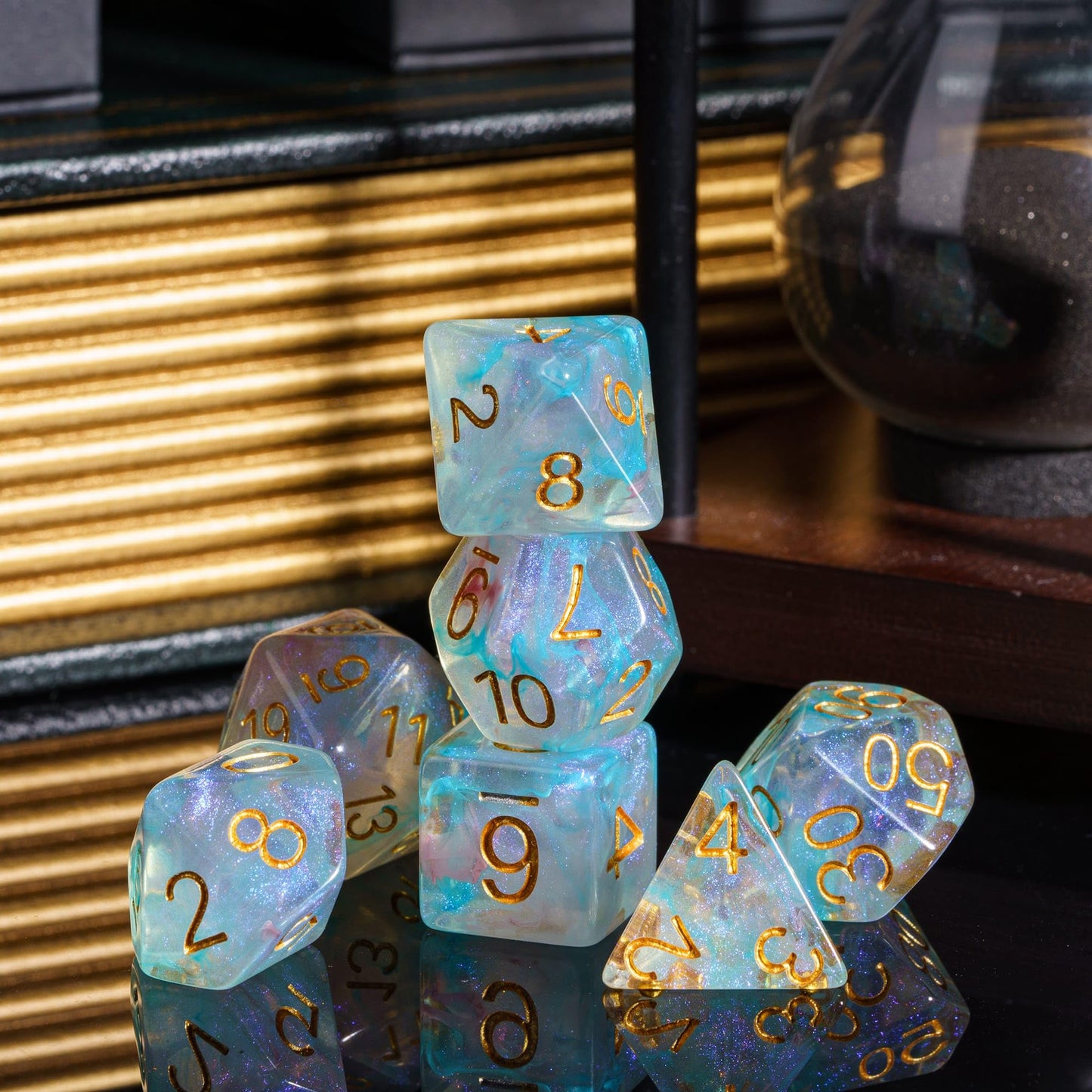 Udixi 7-Die Polyhedral Dice Set With Glitter And Cyan Swirls Dnd Dice For Dungeons And Dragons Role Playing Games (Cyan Pink)