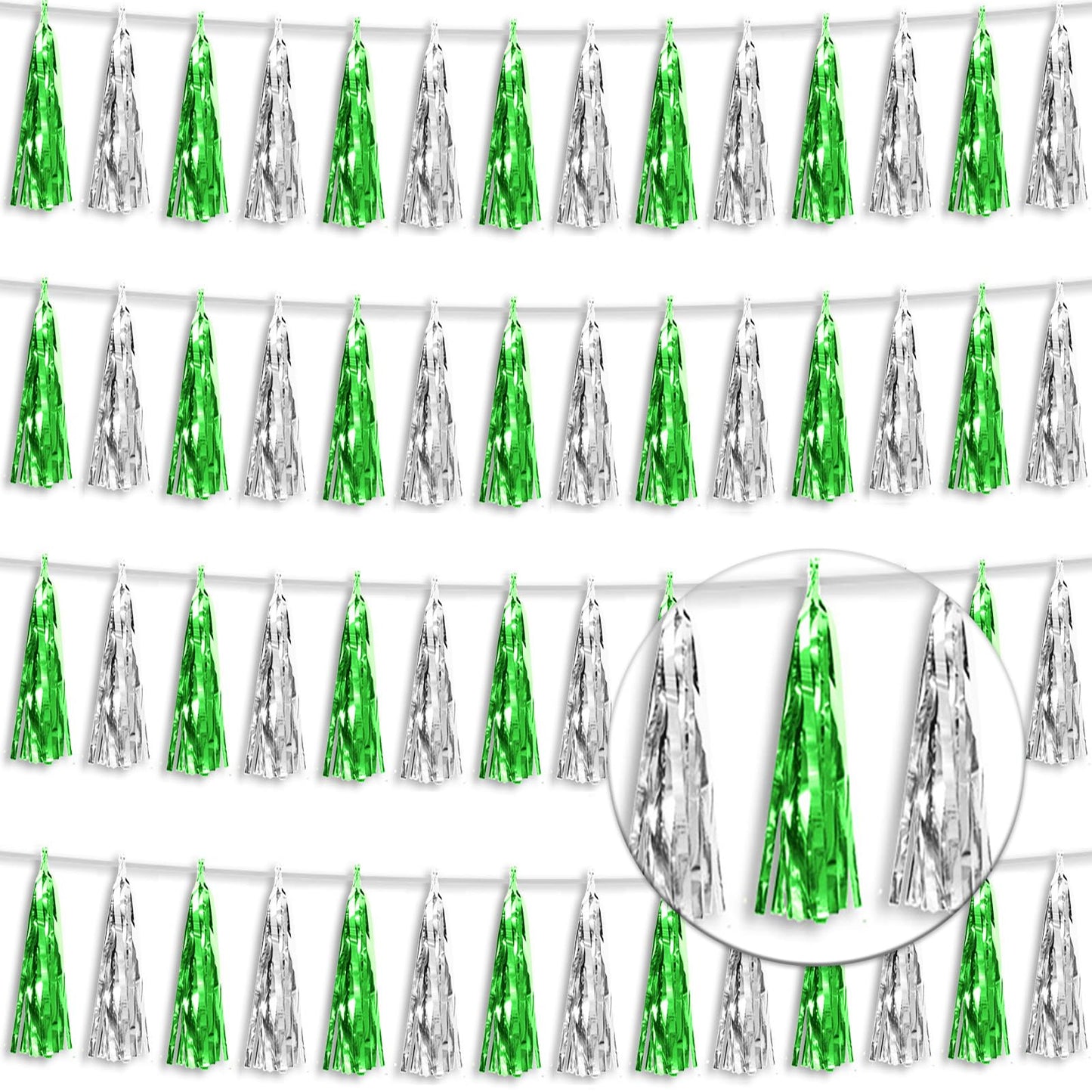 4P Green Silver Foil Fringe Tassel Banner Garland Metallic Tinsel Streamers Wall Hanging Curtain Backdrop Banner for Parade Floa