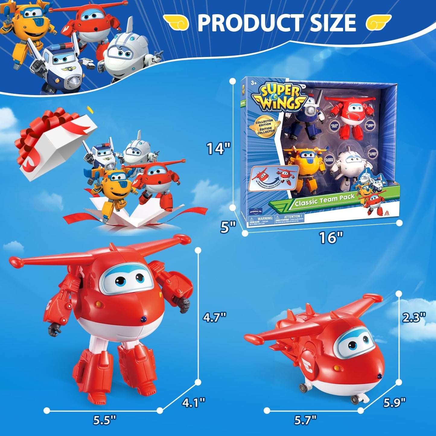 Super Wings Transformers 5" Action Figure 4-Pack - Educational Toys for Kids Age 3+, Jett, Paul, Donnie, Astra, Plastic, Model US730206