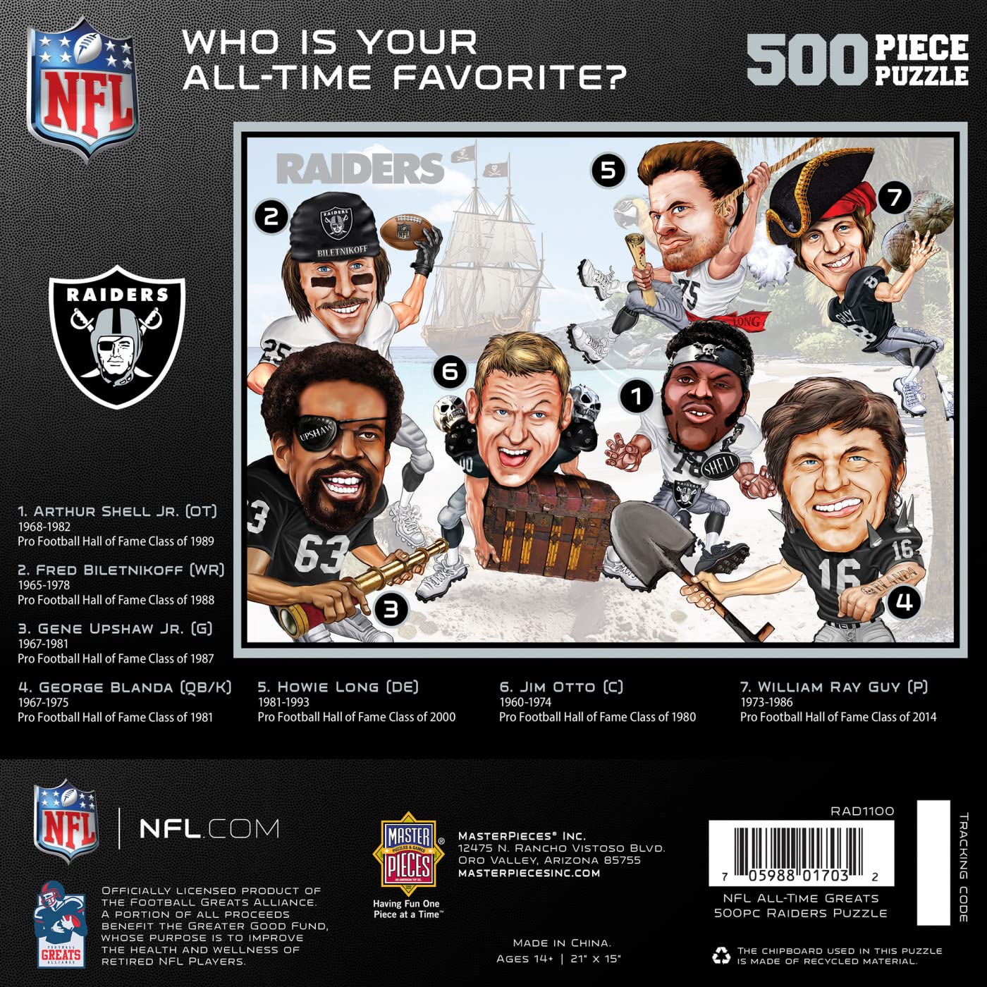 MasterPieces 500 Piece Sports Jigsaw Puzzle for Adults - NFL Las Vegas Raiders All-Time Greats - 15x21
