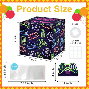 Neon Surprise Money Box Gift Pull For Game Lover- Happy Birthday Money Box For Cash Gift Set Included Happy Birthday Card And 35Pcs Transparent Bags, Fun Birthday Gift For Kids Boys Girls