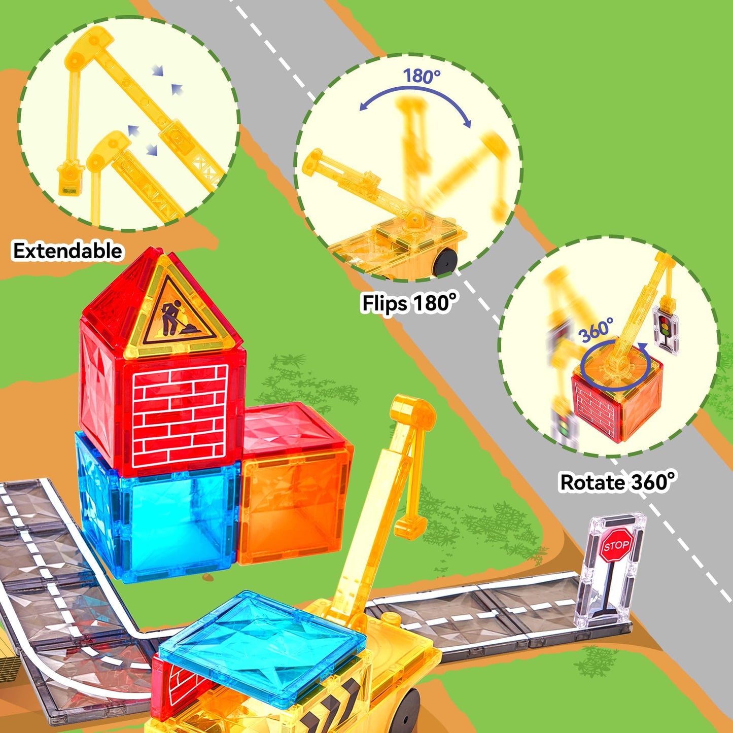 Magnetic Tiles Road Set With Car Crane And Toy Figurine, Construction Tiles Building Blocks Set For Kids Birthday Gifts, Educati