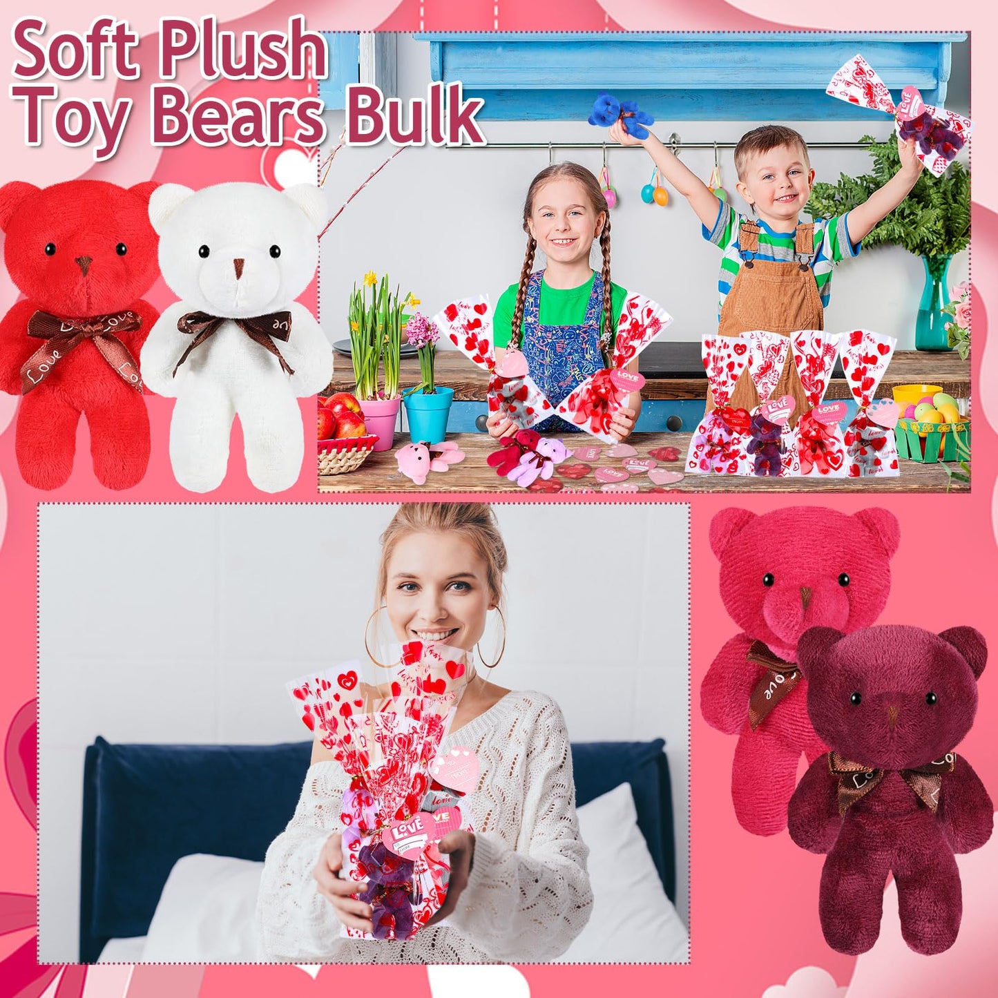 Zonon 144 Pcs Valentine'S Day Mini Stuffed Bear Bulk Bear Toy With Gift Bags Heart Cards 4.72 Inch Plush Stuffed Tiny Bears Vale
