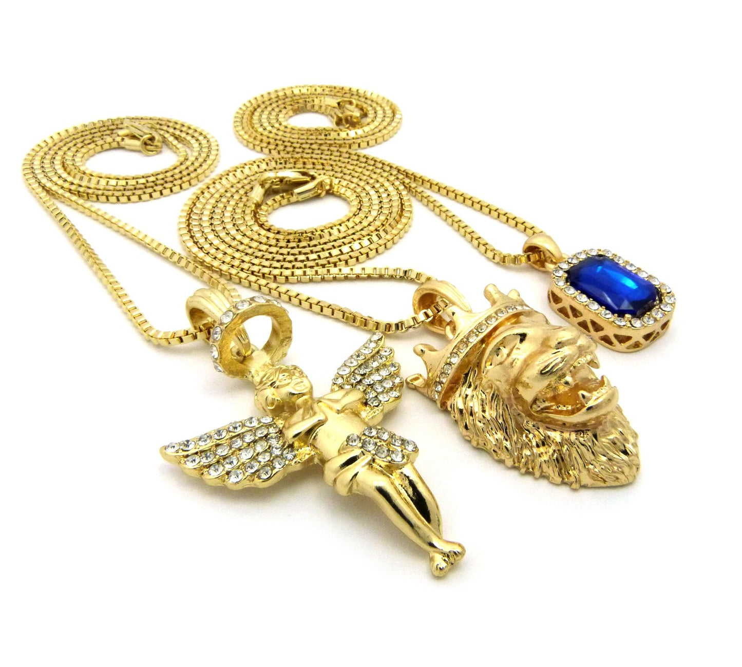 Fashion 21 Micro Colorful Gemstone, Angle, Lion Pendant 24'',30'' Box Chain 3 Necklace Set Gold Tone RC1413G (Blue)