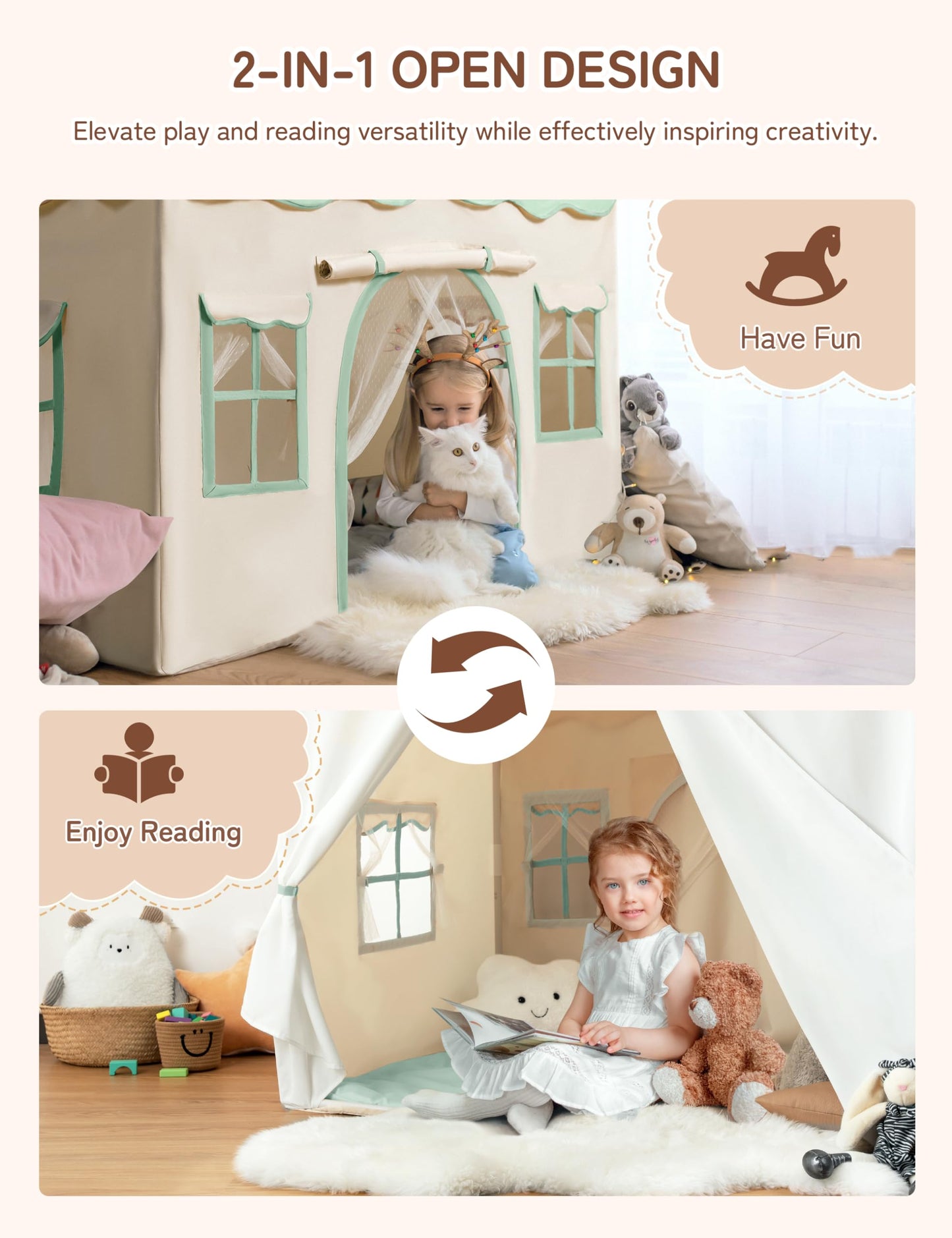 Besrey Kids Play Tent - 2 In 1 With Padded Mat & Lights, Large Playhouse With 2 Doors & 4 Windows, Indoor & Outdoor, Christmas Toddler Play Tent, 51' X 35' X 51