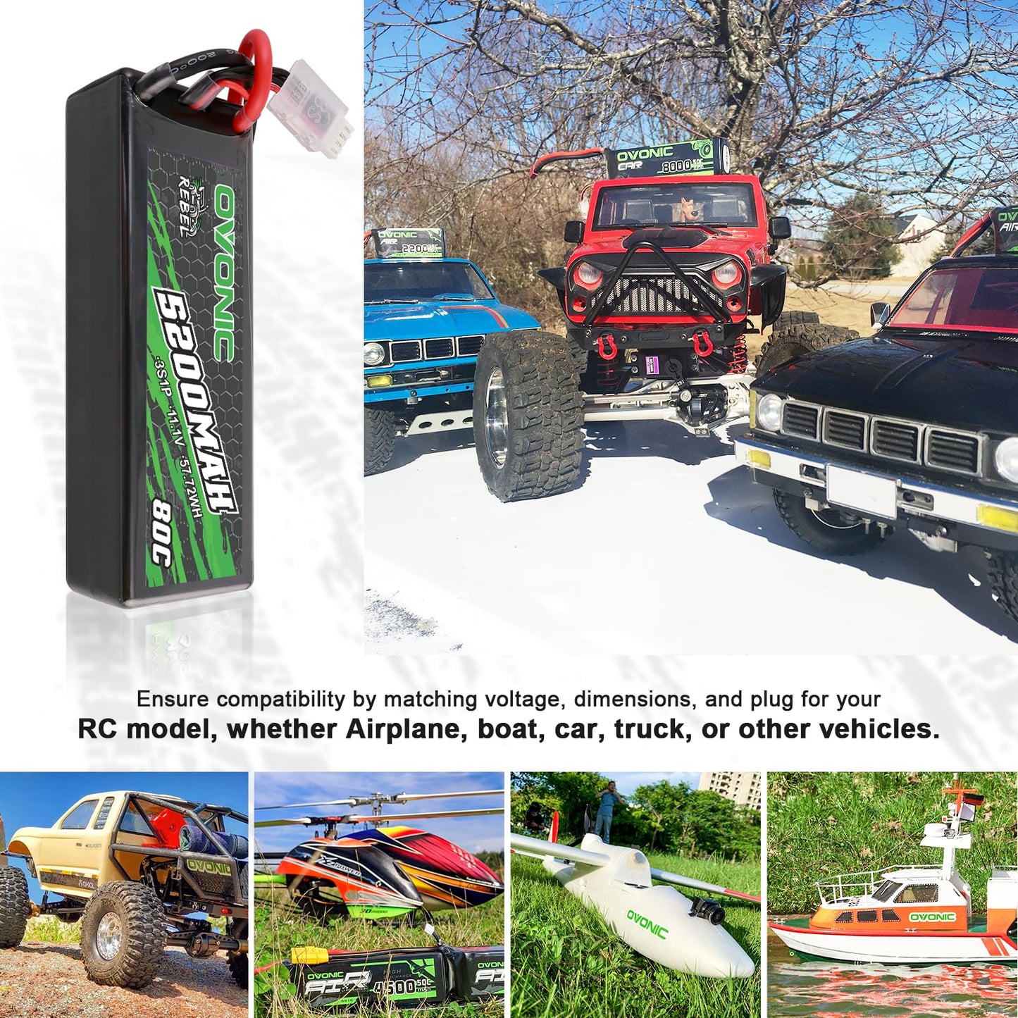 OVONIC 80C 3S 5200mAh 11.1V Lipo Battery with EC5 Connector for arrma 1/10, 1/8, 1/7Scale RC Cars and Trucks Buggy Truggy 2pcs