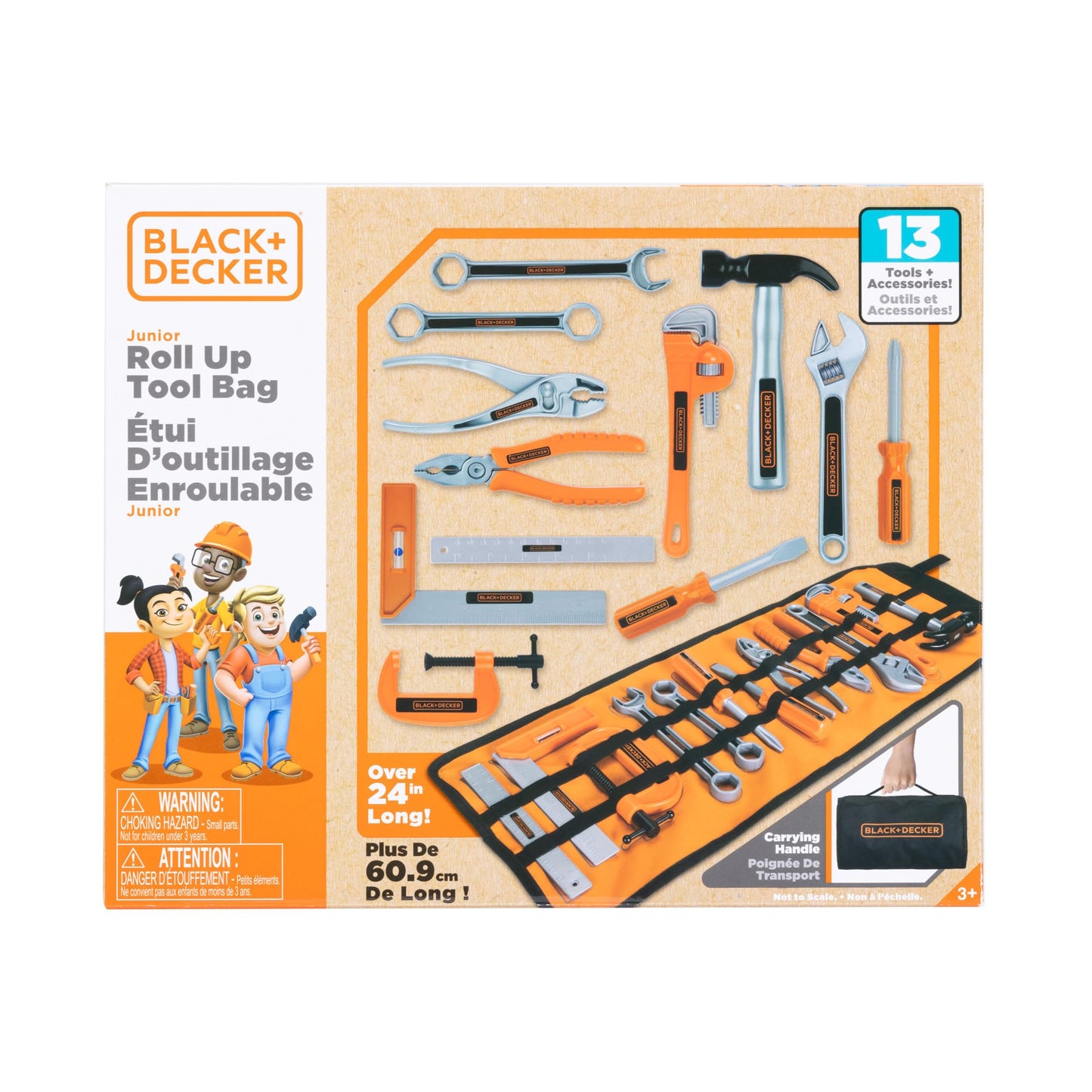 BLACK+DECKER Kids Tool Bag Set 13-Piece Junior Roll Up Bag Pretend Play Tools, Hammer, Phillips Screwdriver, Pliers, Adjustable