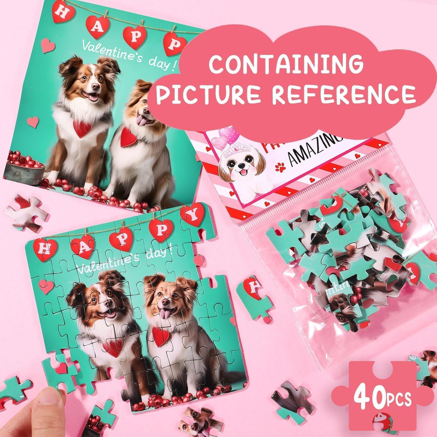 Asoulin Valentine Day Gifts For Kids, 24 Packs Valentine Day Cards For Kids School With Cat & Dog Jigsaw Puzzles Toys Birthday G