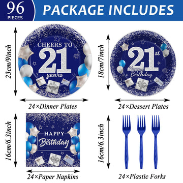 Gisgfim 96 Pcs 21St Birthday Plates And Napkins Party Supplies Cheers To 21 Years Tableware Set Blue Silver 21St Birthday Dinner