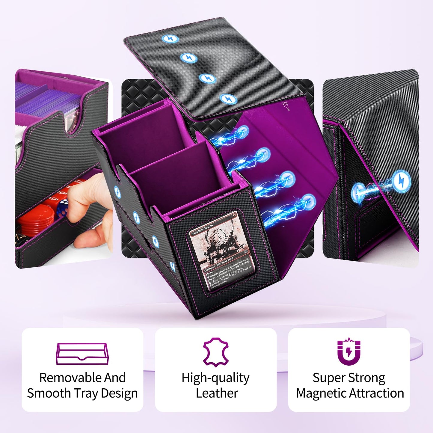 UAONO MTG Card Deck Box - Double Storage for 200+ Cards, Faux Leather, Black & Purple with Dice Tray