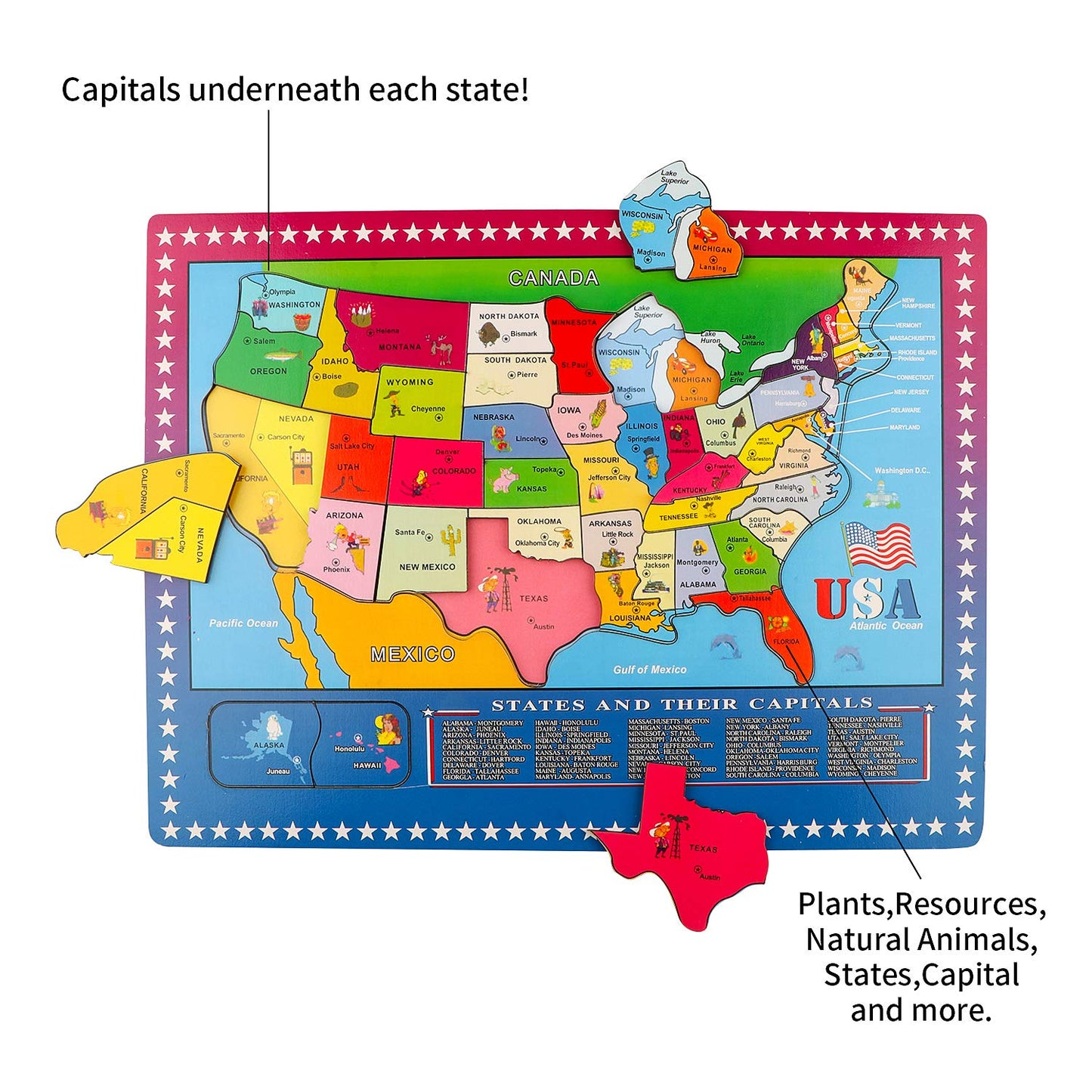 Wondertoys 46 Pieces Wooden Usa Map Puzzle For Kids Us Map Puzzle Educational Geography Puzzles United States Map Puzzle For Boy Girl