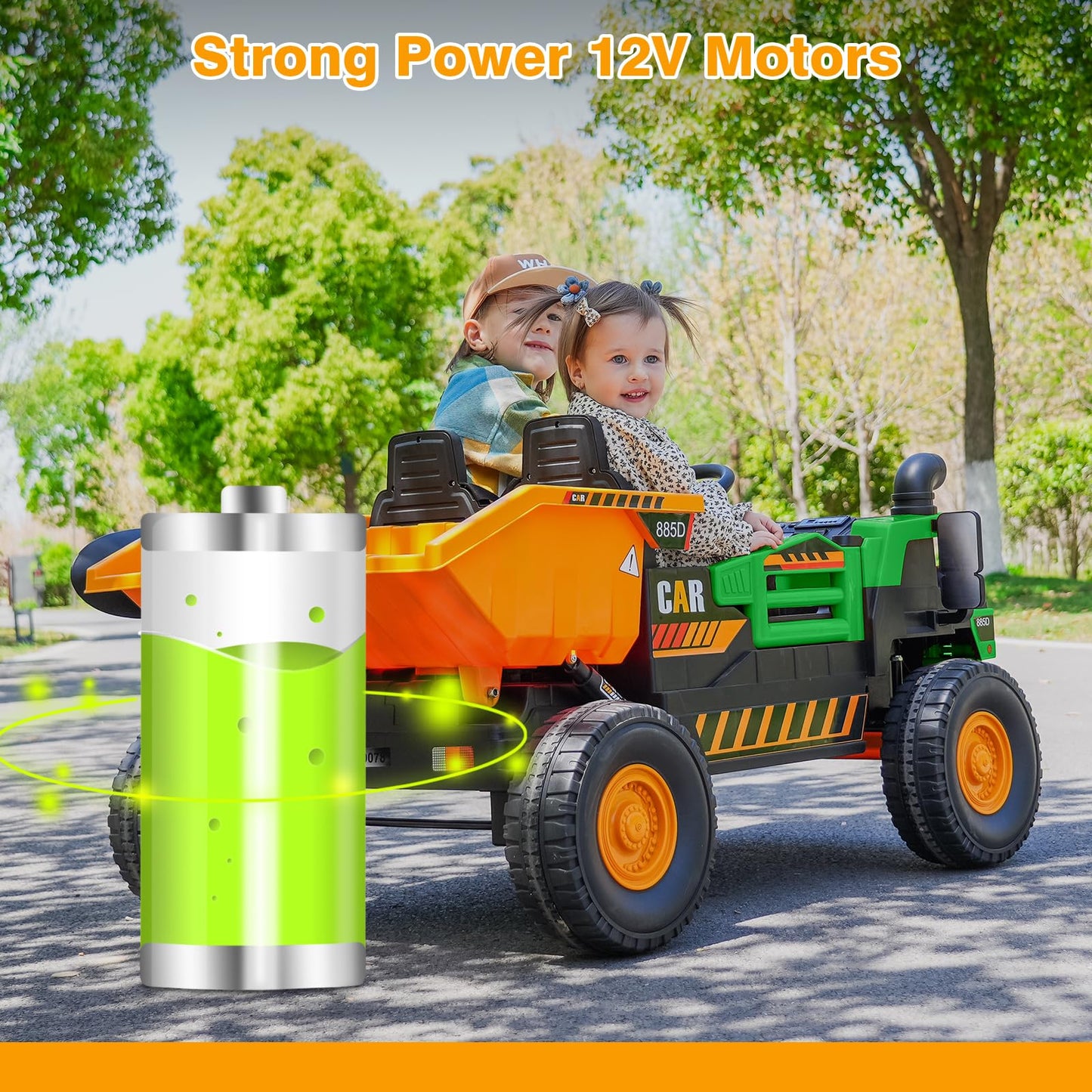 2-Seater Kids Ride On Toy Car Truck, 12V Electric Ride On Construction Vehicle For Boys, Remote Control, Key Start, Shovel, Dump