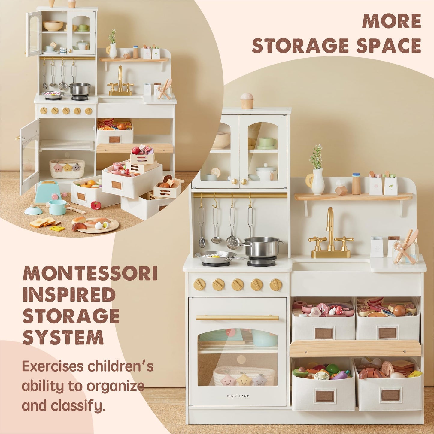 Tiny Land Play Kitchen for Kids, Wooden Play Kitchen with Toy Storage System, Toy Kitchen Set with Plenty of Play Features, Kids