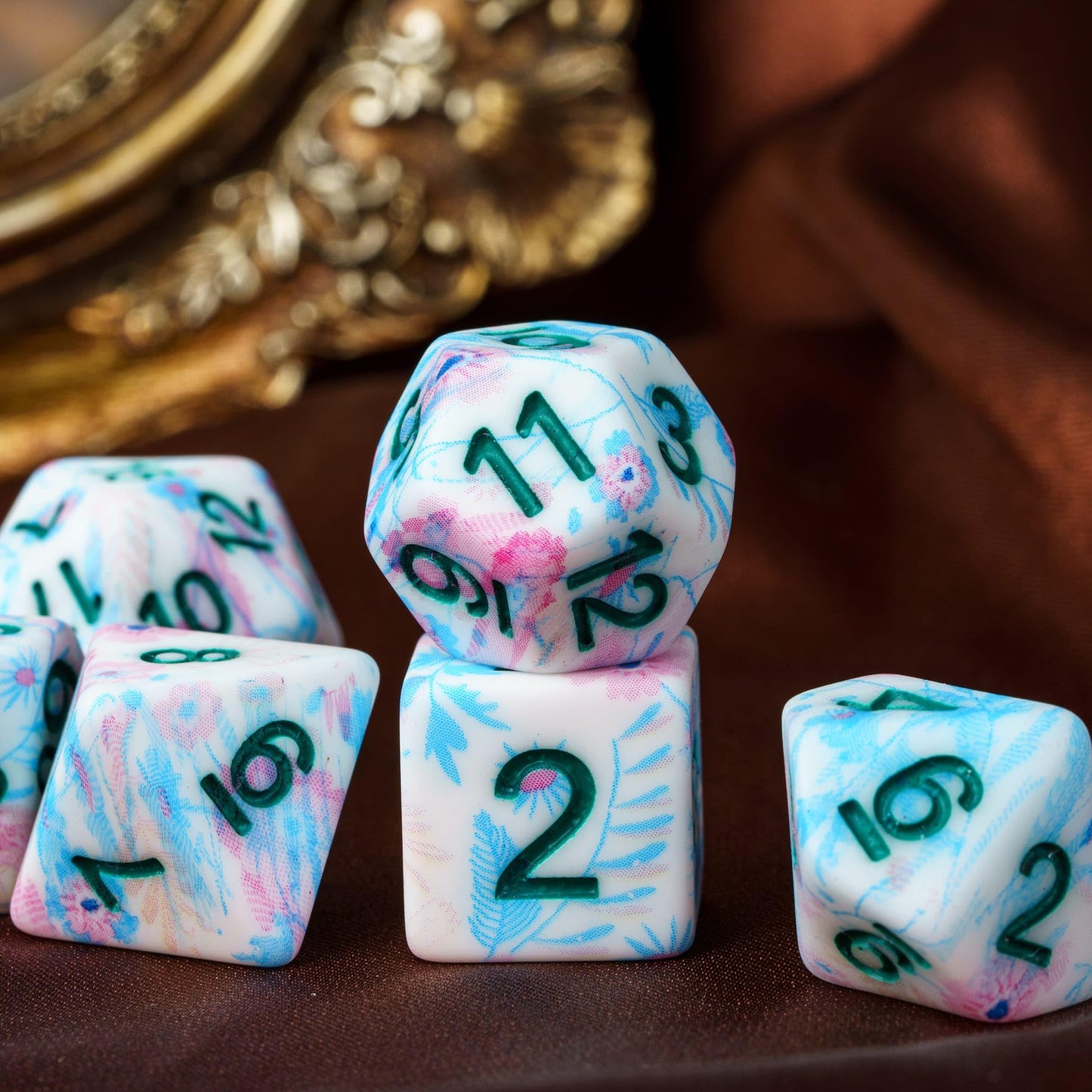 HDdais DND Dice Set, 7PCS Polyhedral Dice Set for Dungeons and Dragons, D&D Dice with Pink Flower Pattern for Role Playing Game