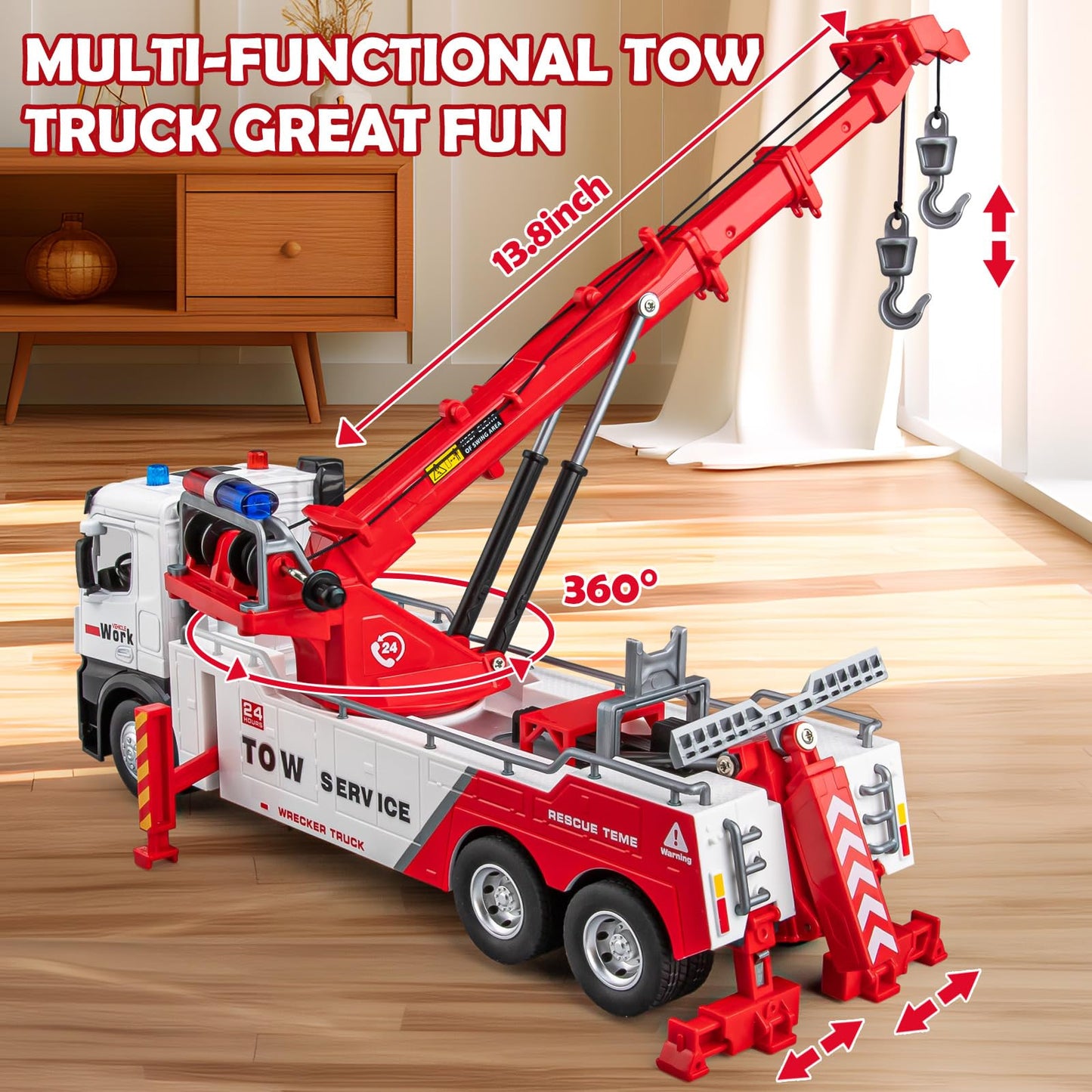 HAPYAD Tow Truck Toy for Boys, Metal Tow Truck with Crane Toy Model, Construction Vehicles with Lights and Sounds, Gift for Kids