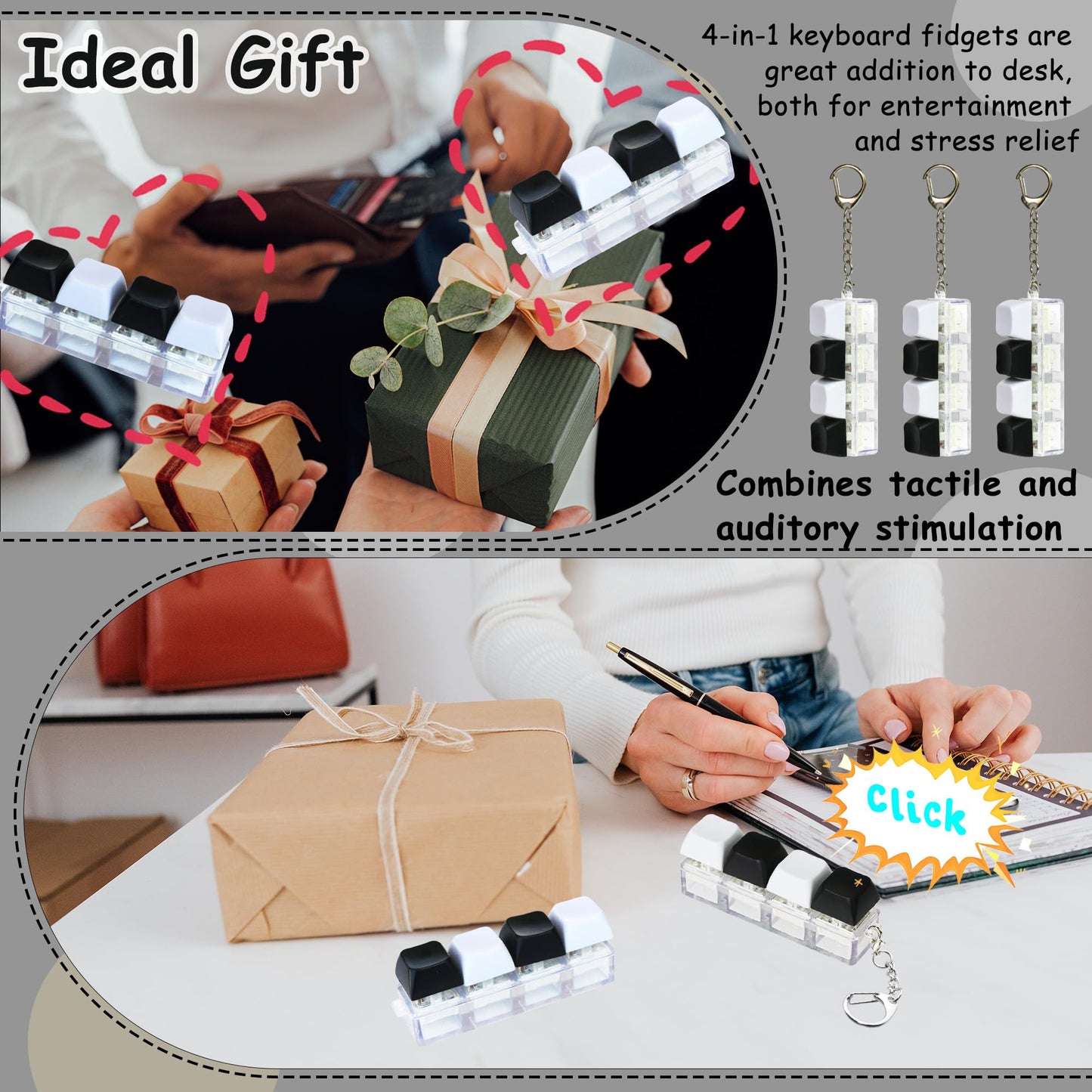 2 Psc Keyboard Fidget Toy Keyboard Fidget Keychain 4-in-1 Keyboard Decompression Button Finger Clicker Toys Button Stress Relief Fidget Gifts for mature-themed to Relief Stress (Black+White)