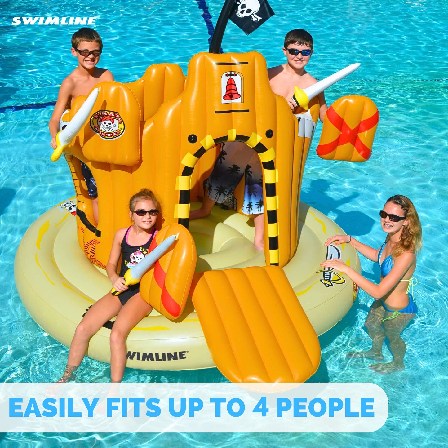 Swimline Giant Inflatable Pirate Castle Pool Float For Kids And Adults Size| Floating Kingdom Raft Lounger Combo With Gate Shield Windows & Accessories For Pools Lakes Beach | Fits Up To 4 People
