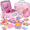 Tea Party Set for Toddles 3-5,PRE-WORLD Musical Kids Tea Set for Little Girls with Dessert,Cookies,Doughnut,Cake,Cake Stand,Tabl