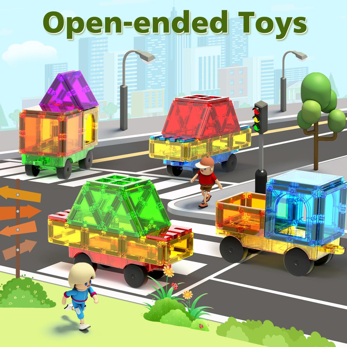 Magnetic Tiles Cars Construction Set, 4 Pcs Magnet Cars Magnetic Building Blocks Cars Toy For Kids Ages 4-8 3-5 Magnet Bricks Truck Kit Educational Sensory Toys Gifts For 3+ Year Old Boys & Girls