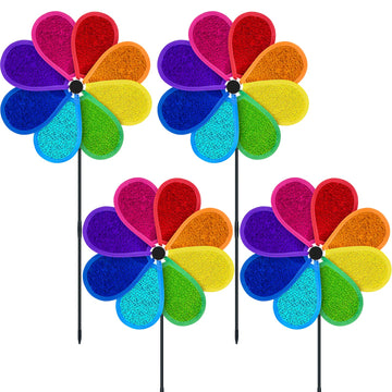 Deceed 4 Pcs 11.4'' W X 28'' H Reflective Pinwheels Sparkly Lawn Wind Spinners Colorful Rainbow Windmill For Garden Decoration B