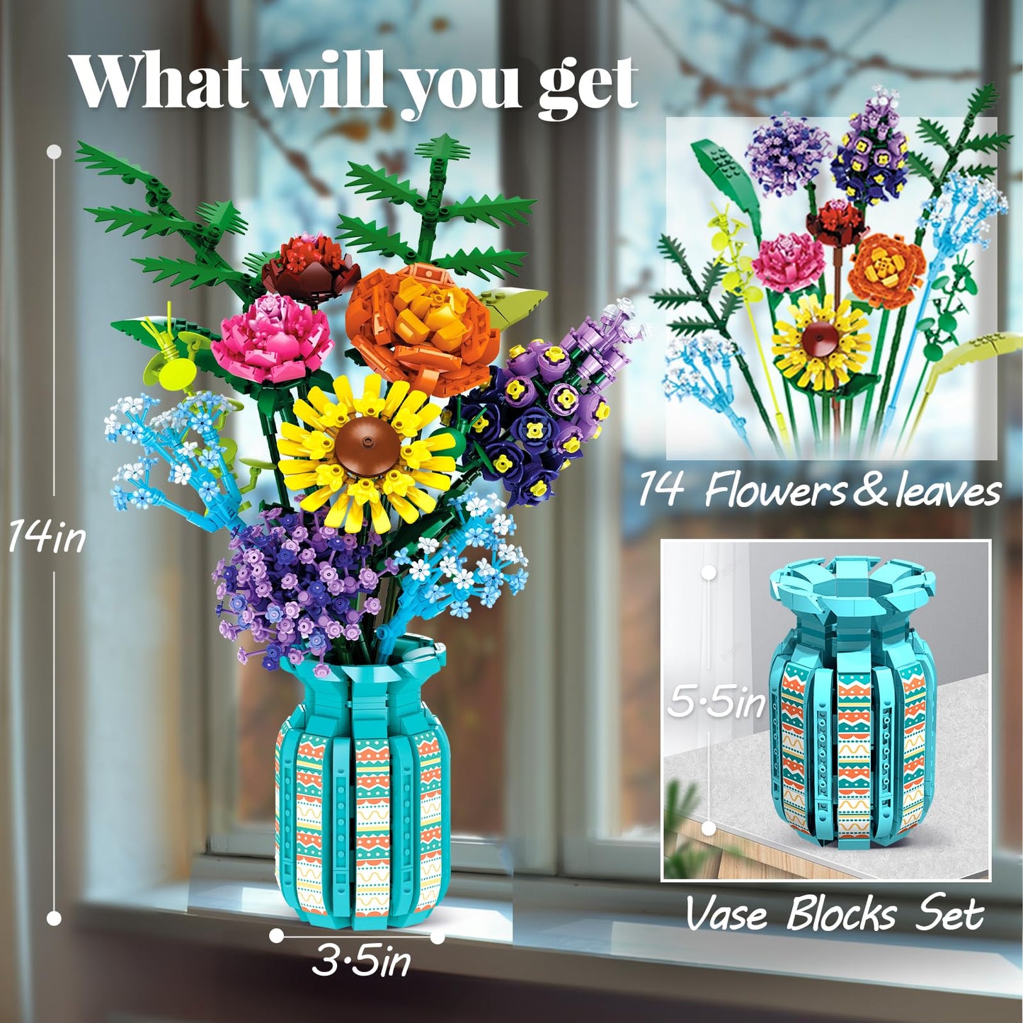 Flowers Bouquet Building Set With Vase, 10 Kinds Of Botanical Collection Including Sunflower, Baby'S Breath, Rose, Compatible Wi