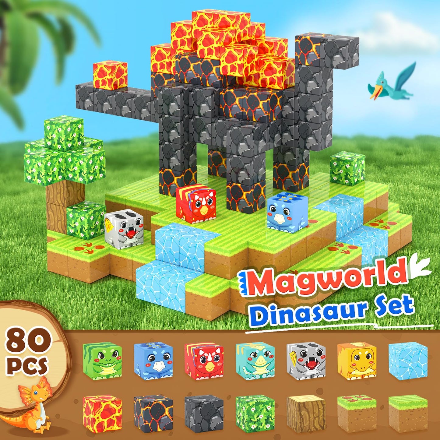 Magnetic Blocks Dinosaur Toys, Build Mine Magnet World Dinosaurs Set, Magnetic Tiles Building Toys For Boys & Girls Kids Ages 3-