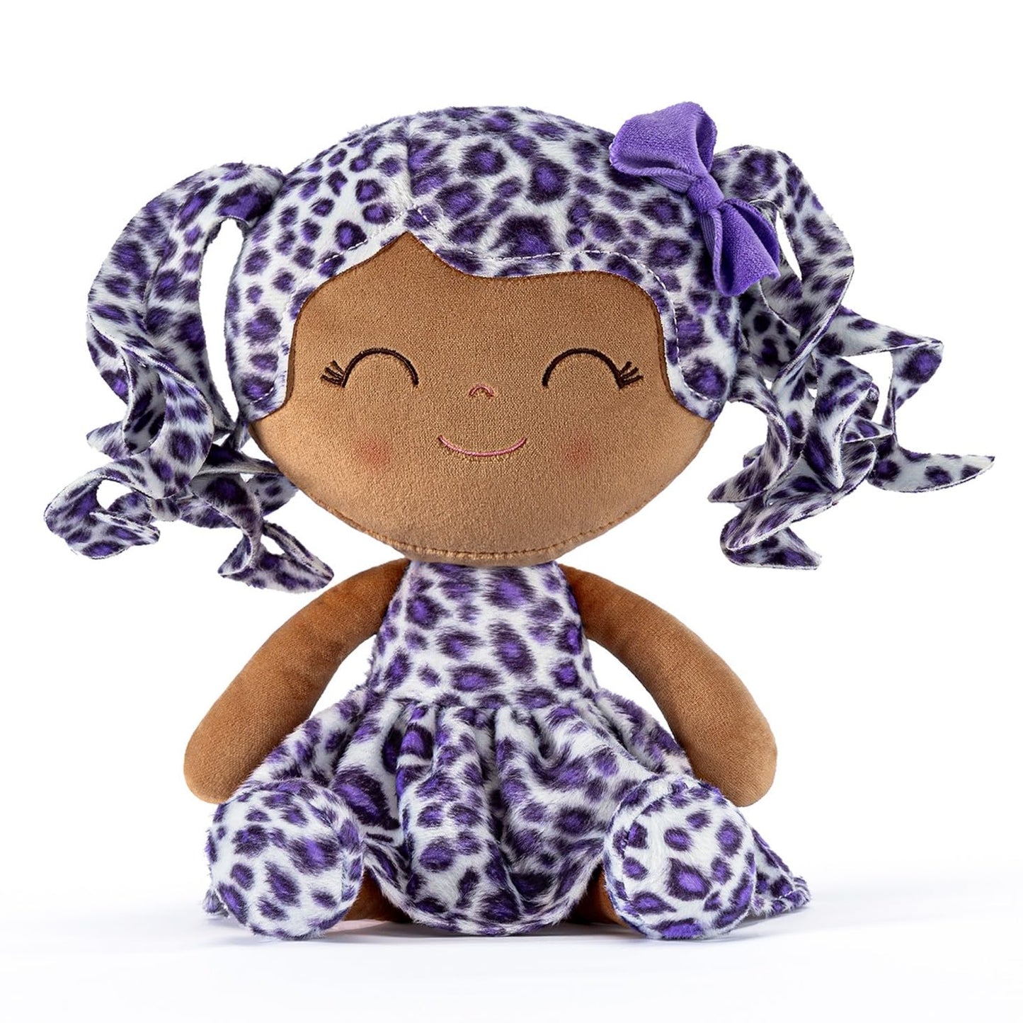 Gloveleya Doll Baby Dolls Soft Doll Baby Girl Gifts Curly Hair Brown Purple Leopard Dress Spring Girl 12Inches