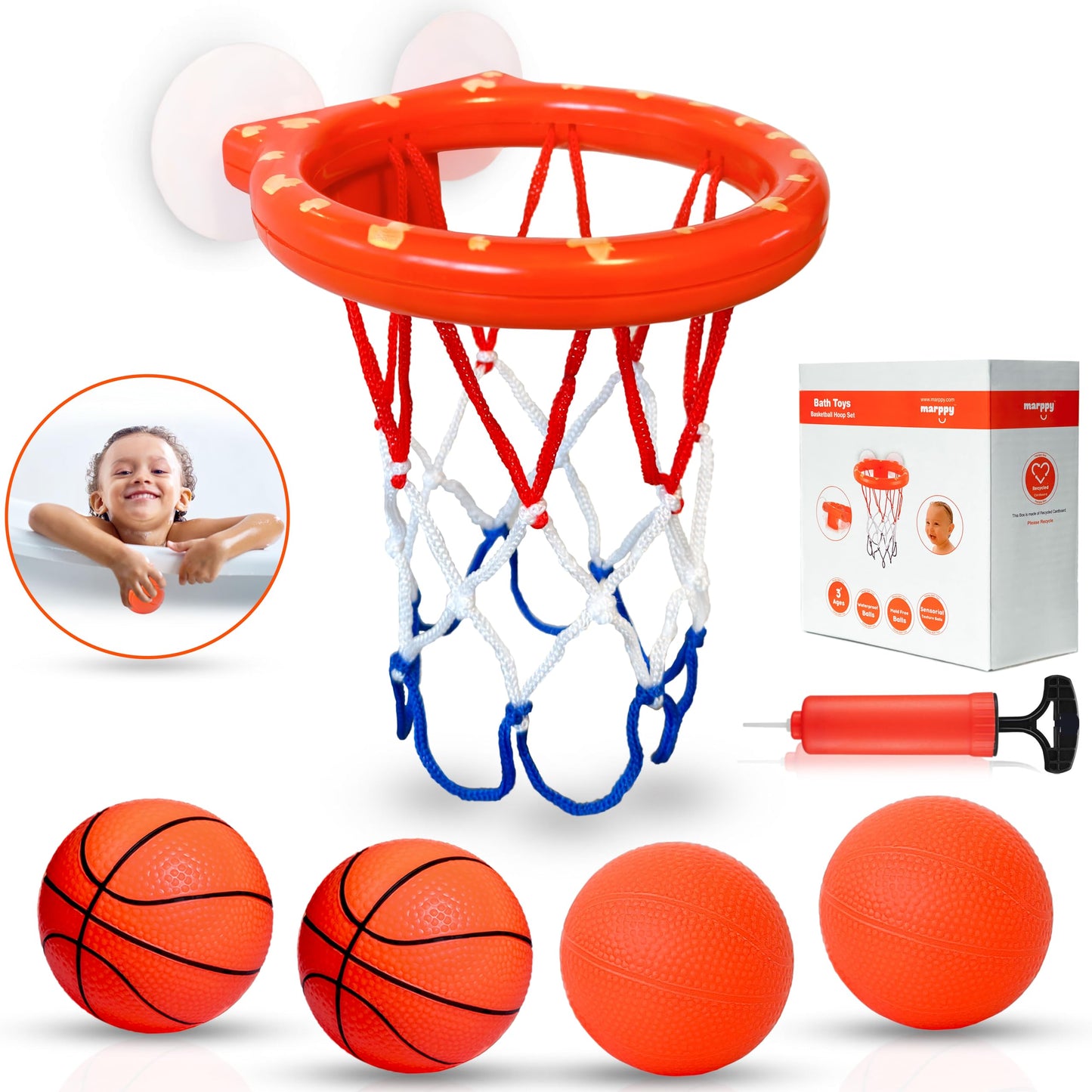 Marppy Bath Toys - Bathtub Basketball Hoop For Toddlers Kids - Mold Free Bath Toys Shower Toys - Suction Cup Basketball Hoop With 4 Soft Balls For Kids, Toddlers - Boys And Girls