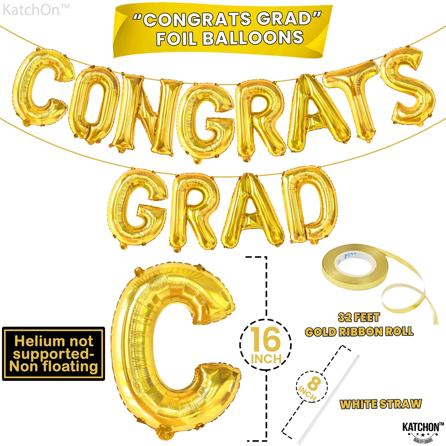 Katchon, Gold Congrats Grad Balloons - 16 Inch | Congrats Grad Banner Balloons For Graduation Decorations Class Of 2025 | Congratulations Balloons For Graduation Balloons Class Of 2025 Decorations