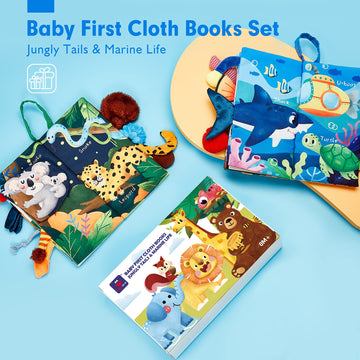 Hahaland Baby Toys 0-6 Months - Crinkle Books For Babies 2Pcs, Tails Sensory Book 6-12 Months - Soft, Tummy Time, Montessori Toys 0-12 Month - Newborn Twin Boys Gifts Infant Easter Basket Stuffers