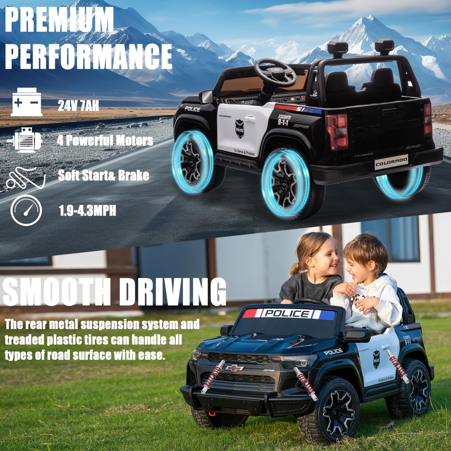 Luibas Police Car Ride On 24V 4Wd 2-Seater Battery Powered Licensed Chev-Rolet Kids Ride On Truck Electric Car With Remote Contr