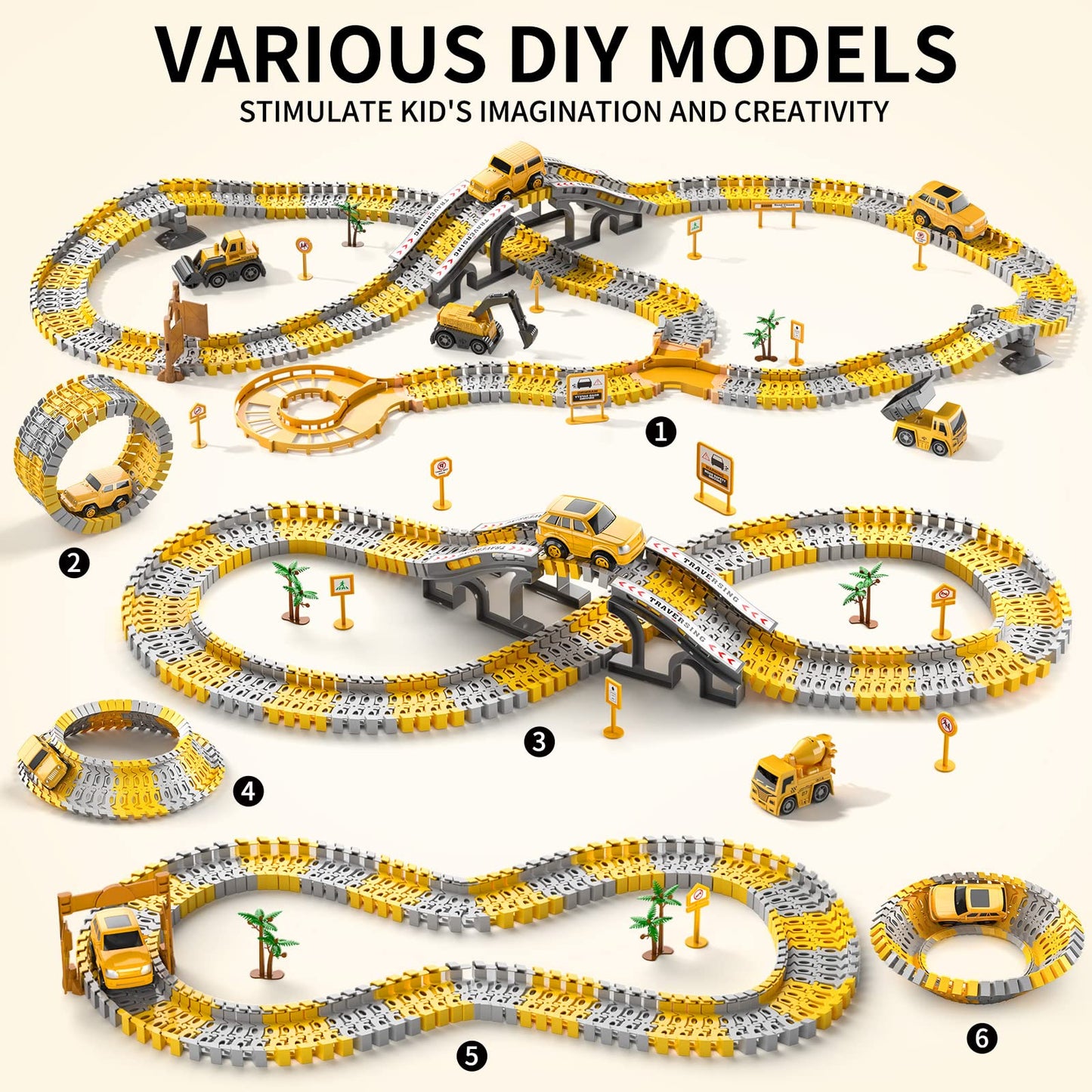 Temi 236 Pcs Construction Toys Race Tracks For 3 4 5 6 Year Old Boys, Flexible Track Playset And 6 Pcs Construction Car For Kids Toys, Birthday Gift For Age 3-9 Boys Toddler Girls