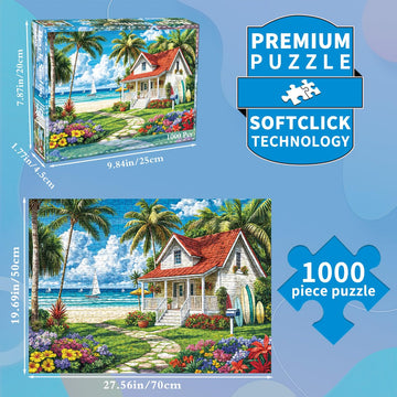 Jigsaw Puzzles for mature-themeds 1000 Piece Puzzle for mature-themeds 1000 Pieces Puzzle 1000 Pieces-Summer Beach Vacation -Surfing Coconut Trees Wooden Houses