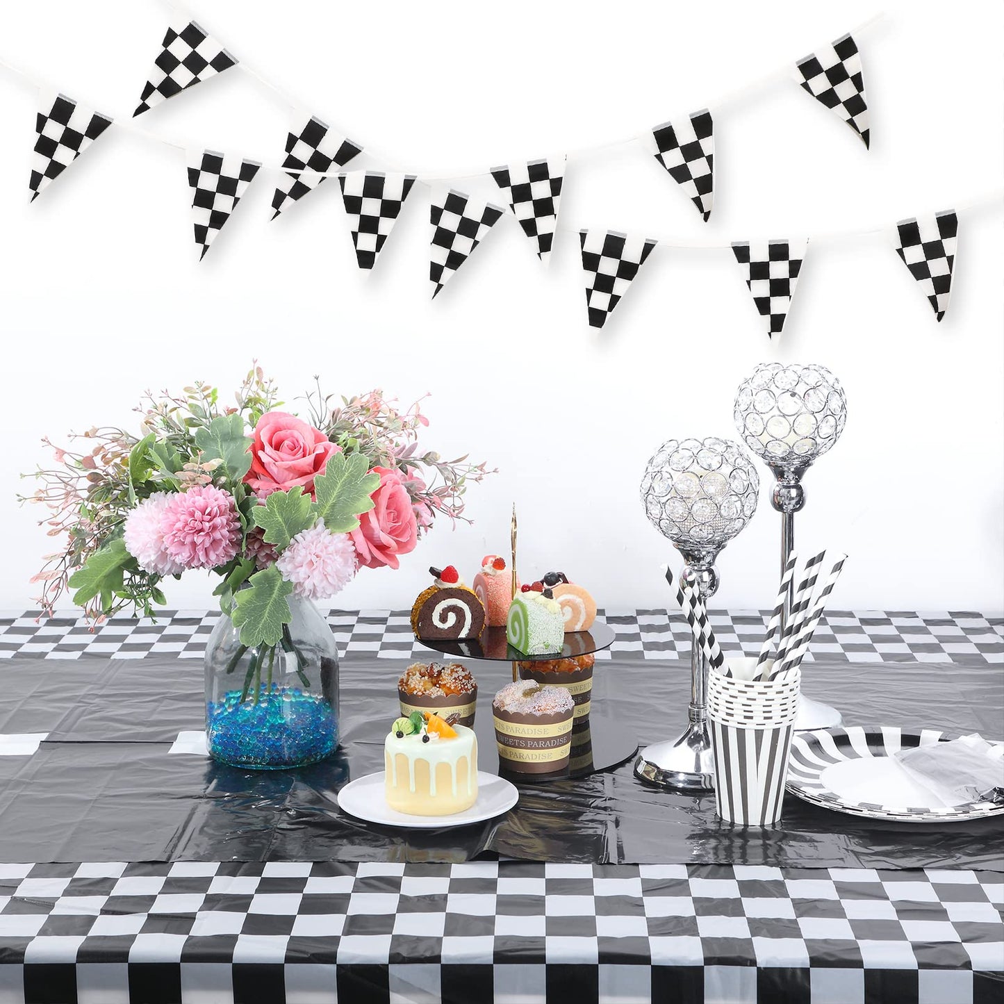 Checkered Race Car Party Supplies Including Plastic Disposable Black And White Checkered Flag Tablecloth Table Cover And Race Ca