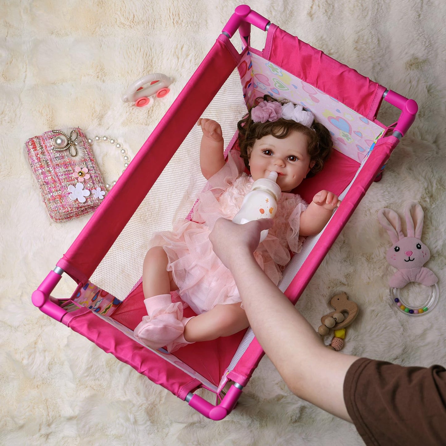 Babeside Baby Doll Crib, Baby Doll Bed For 17-21 Inch Dolls, Foldable Baby Doll Playpen Toy Crib, Reborn Baby Doll Accessories W