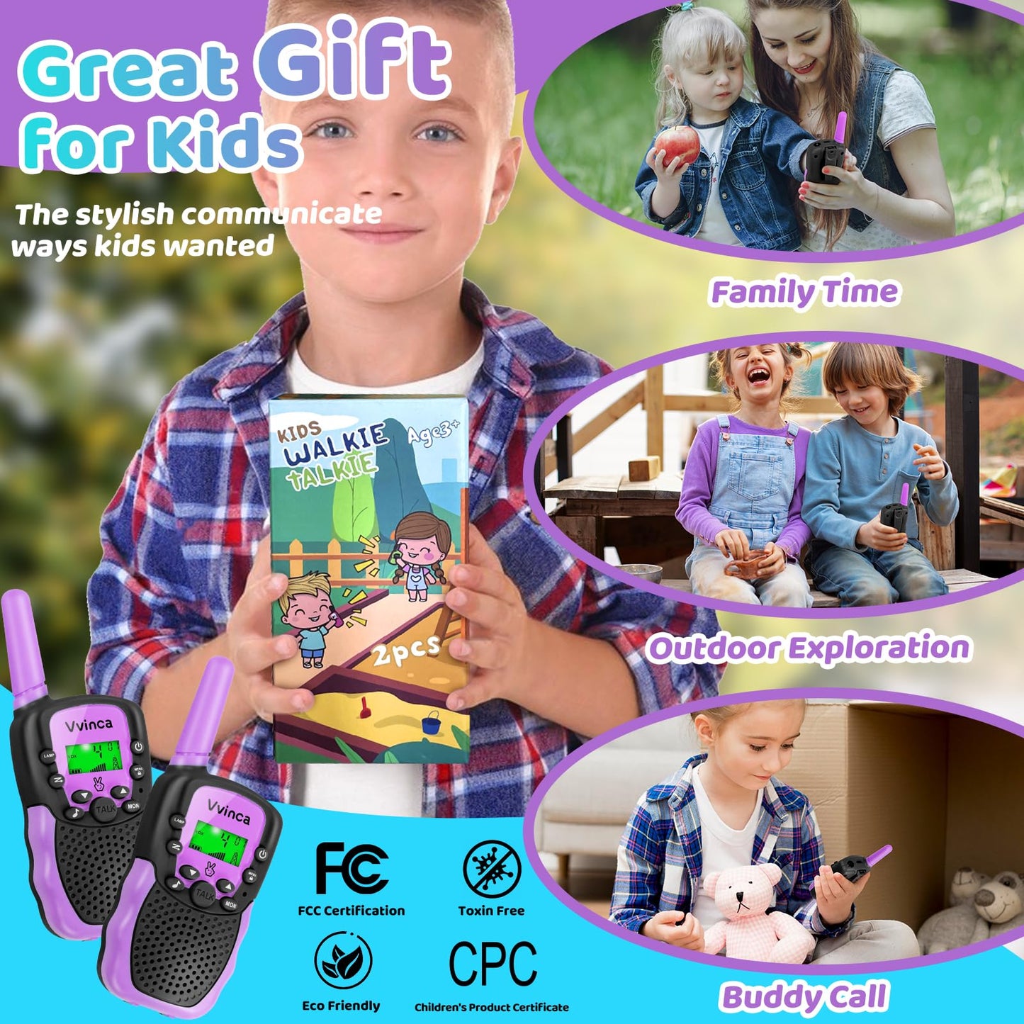 Vvinca Walkie Talkies For Kids, Rechargeable Walkie Talkie Toy Gift For 3-12 Year Old Girl Boy With 22 Channel 2 Way Radio Flash